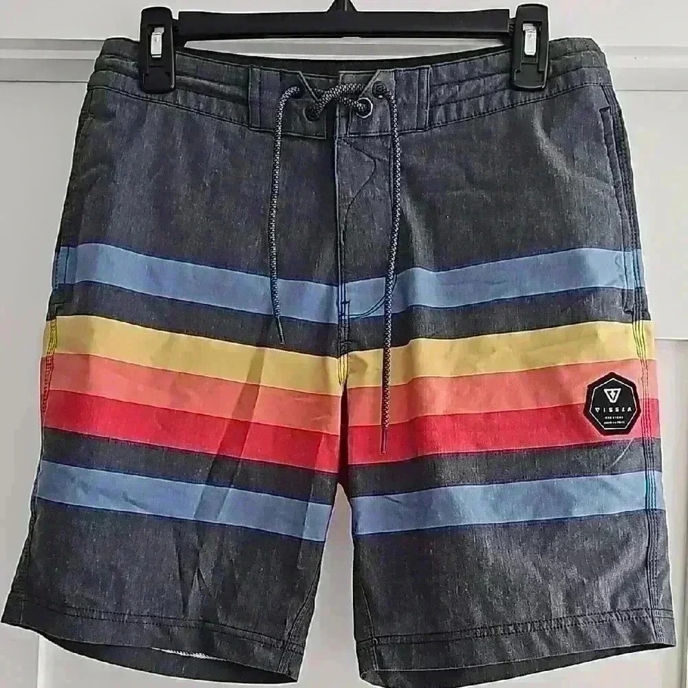 Vissla Mens Board Shorts Striped Swim Trunks Size 29 Charcoal Blue Red Yellow - Picture 2 of 9